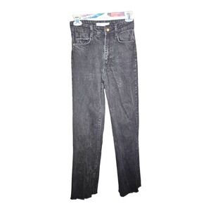 Zara Jeans Womens 2 Black Flare Leg Denim Zip Pants Raw‎ Hem Streetwear